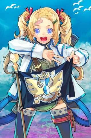 blonde_hair, braid, coat, flag, flat_chest, frett, hair_ornament, hair_ribbon