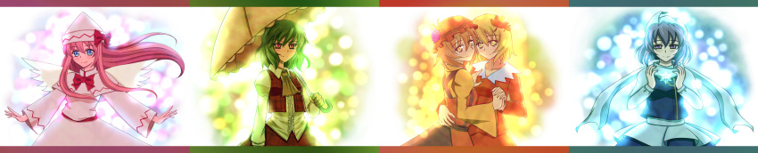 absurdres, aki_minoriko, aki_shizuha, ascot, blonde_hair, blue_eyes, blue_hair, blush
