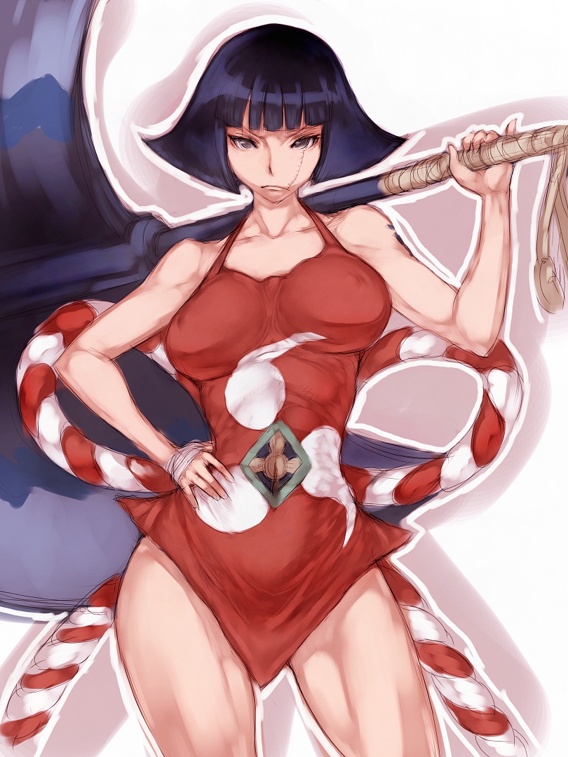bandage, bandages, bare_shoulders, black_eyes, black_hair, breasts, fumio_(rsqkr), genderswap, hand_on_hip, hips, huge_weapon, humio, large_breasts, one_piece, scar, sentoumaru, short_hair, solo, thick_thighs, thighs, toned, weapon