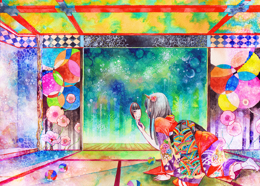 ball, black_hair, colorful, copyright_request, flower, gumi_(kumi), hair_flower, hair_ornament