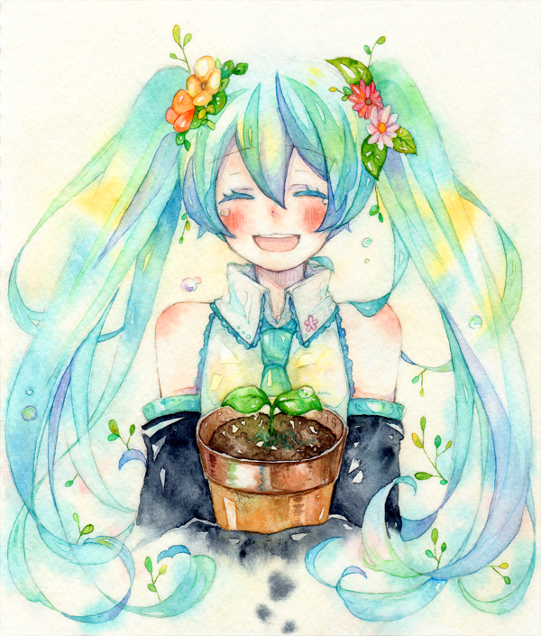 aqua_hair, bare_shoulders, blush, closed_eyes, detached_sleeves, eyes_closed, flower, hair_flower, hair_ornament, harutou_(ticta), hatsune_miku, hello_planet_(vocaloid), long_hair, necktie, open_mouth, plant, potted_plant, smile, solo, tears, traditional_media, twintails, vocaloid, watercolor_(medium)