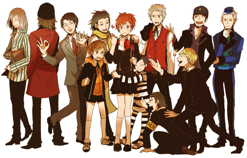 amada_ken, andre_roland_jean_gerard, aragaki_shinjirou, blonde_hair, blush, bow, brown_hair, closed_eyes