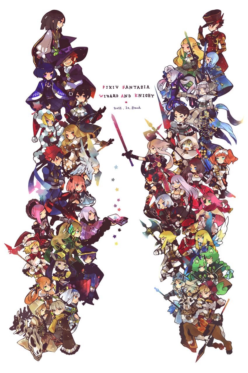 :o, absolutely_everyone, absurdres, animal_ears, armor, assymetrical_bangs, asymmetrical_bangs, axe, bangs, blonde_hair, blue_eyes, book, brown_hair, cat_ears, centaur, closed_eyes, crescent, dress, elbow_gloves, everyone, eyepatch, fighting_stance, flower, furry, gloves, green_dress, green_hair, hair_between_eyes, hair_flower, hair_ornament, hairband, hand_on_hat, hat, head_wings, headband, helmet, heterochromia, highres, holding, holding_book, light_brown_hair, light_smile, long_hair, looking_at_viewer, looking_away, maid_headdress, mask, multiple_girls, open_book, open_mouth, original, outstretched_arm, payot, pink_eyes, pink_hair, pixiv_fantasia, pixiv_fantasia_wizard_and_knight, polearm, puffy_sleeves, purple_hair, rinju_umisu, scared, serious, short_hair, silver_eyes, silver_hair, simple_background, spear, spiked_hair, star, sword, teeth, weapon, white_background, winged_helmet, wings, wizard_hat, yellow_eyes
