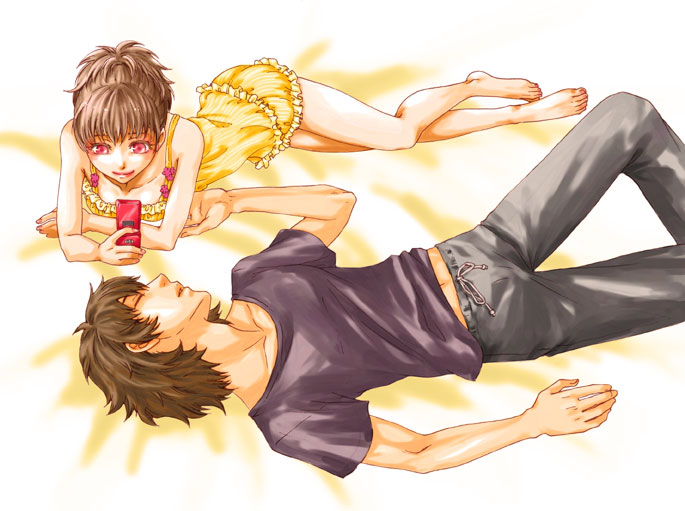 1girl, aragaki_shinjirou, barefoot, brown_hair, cellphone, closed_eyes, couple, female_protagonist_(persona_3), kagura_(artist), kagura_(momiji-iro), persona, persona_3, persona_3_portable, phone, sleeping, smile