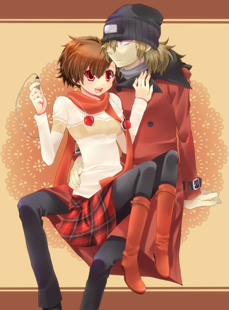 1girl, aragaki_shinjirou, beanie, boots, brown_hair, couple, female_protagonist_(persona_3), hat