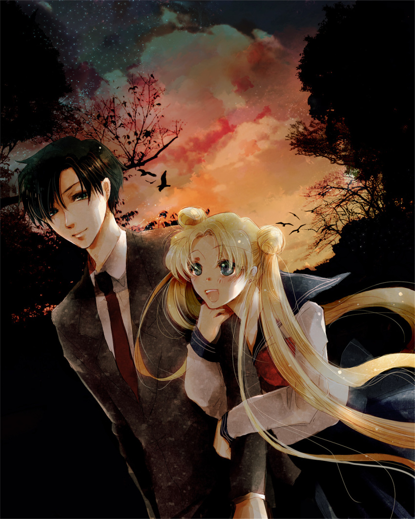 1girl, :d, arm_hug, bird, bishoujo_senshi_sailor_moon, black_hair, blonde_hair, blue_eyes