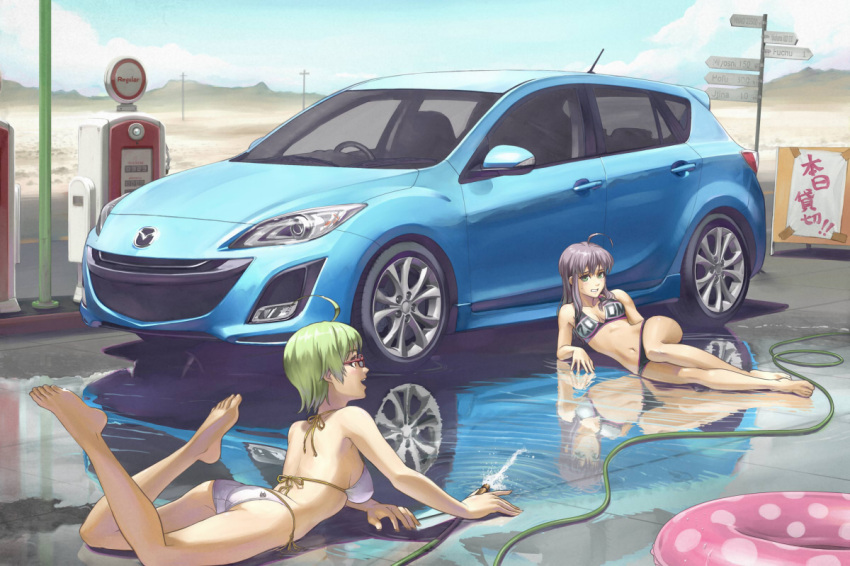 ahoge, ass, bare_legs, barefoot, bikini, car, desert, feet, gas_pump, gas_station, glasses, green_hair, grey_hair, hose, innertube, legs, long_hair, lying, mazda, mazda_3, motor_vehicle, multiple_girls, navel, on_side, on_stomach, original, purple_hair, red-framed_glasses, reflection, short_hair, side-tie_bikini, swimsuit, tan_taka, vehicle, wallpaper, water