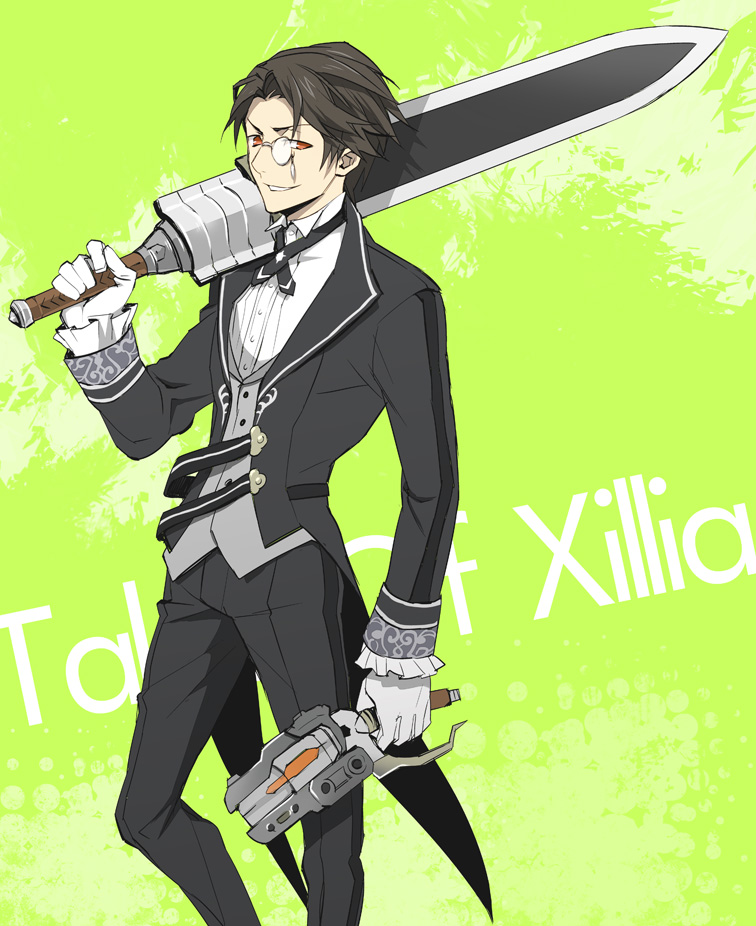 alternate_costume, alvin_(tales_of_xillia), bad_id, black_hair, brown_eyes, dual_wielding, formal, gloves