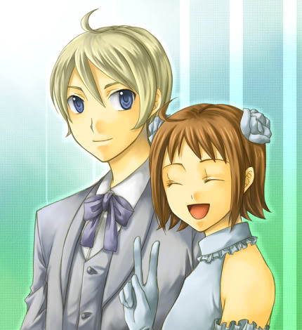 ^_^, ahoge, angela_(harvest_moon), blonde_hair, blue_eyes, bowtie, bride, brown_hair