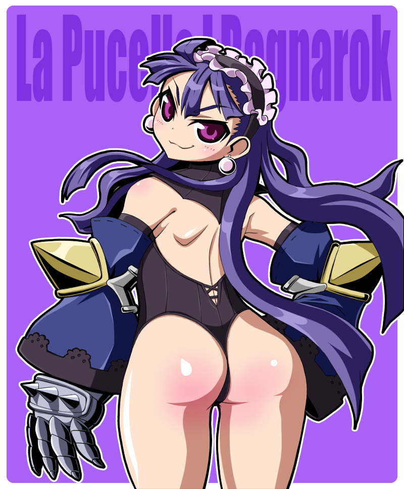 dark_eclair, detached_sleeves, earrings, eclair_(la_pucelle), evil_smile, frills, gauntlets, gloves, hairband, jewelry, kurono, la_pucelle, leotard, long_hair, looking_back, one-piece_thong, panties, purple_background, purple_eyes, purple_hair, ruffles, shiny, shiny_skin, smile, solo, thong, thong_leotard, title_drop, underwear, violet_eyes