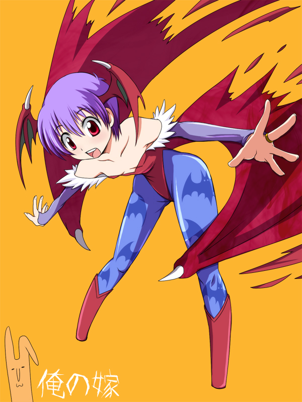 bare_shoulders, blue_legwear, boots, bridal_gauntlets, demon_girl, flat_chest, head_wings, leaning_forward, lilith_aensland, n_(ruff), open_mouth, orange_background, outstretched_arms, pantyhose, pokute, print_pantyhose, purple_hair, red_eyes, short_hair, spread_arms, succubus, vampire_(game), wings