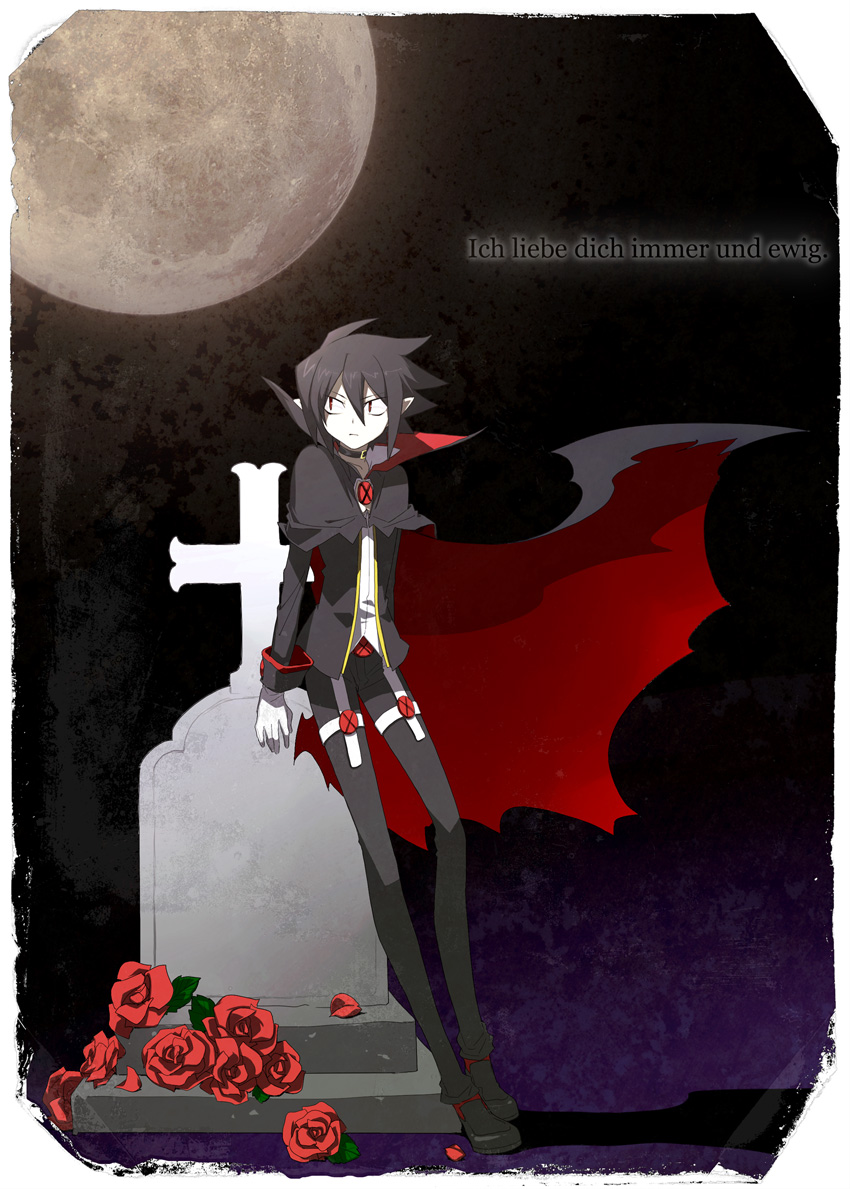 bad_id, black_hair, choker, disgaea, flower, german, gloves, makai_senki_disgaea_4, male, nazumi_junko, pants, pointy_ears, red_eyes, red_rose, rose, shoes, solo, tombstone, translated, valvatorez_(disgaea), vampire, white_gloves