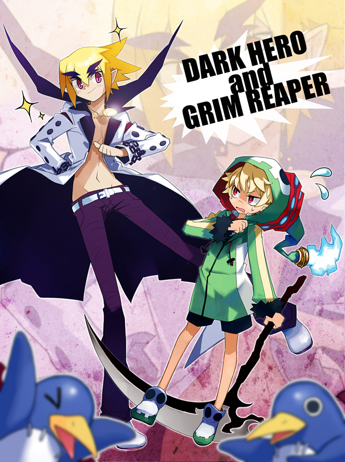 >_<, axel_(disgaea), bad_id, bird, blonde_hair, coat, creature, disgaea