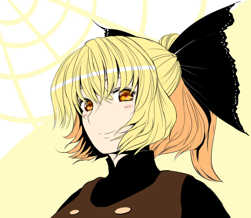 blonde_hair, blush, bust, hair_ribbon, kurodani_yamame, masami_t, o-life_japan, ponytail, ribbon, short_hair, smile, solo, spider_web, touhou, web, yellow_eyes