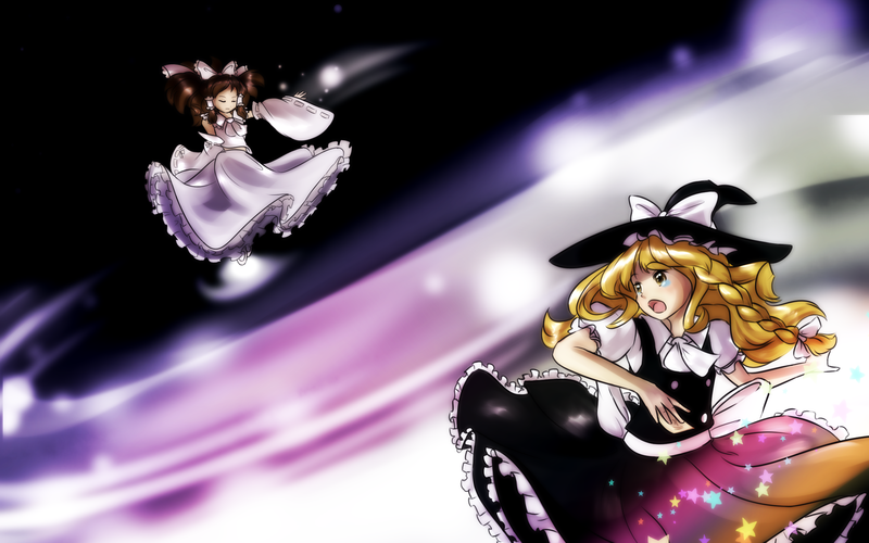 alternate_color, ascot, blonde_hair, bow, braid, brown_hair, closed_eyes, concealed_the_conclusion, danmaku, detached_sleeves, eyes_closed, hair_bow, hair_ribbon, hair_tubes, hakurei_reimu, hat, kirisame_marisa, miko, multiple_girls, night, open_mouth, ribbon, sareii, side_braid, star, touhou, white, witch, witch_hat, yellow_eyes, yin_yang