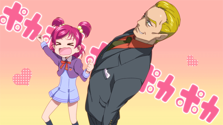 >_<, 1girl, animated, animated_gif, arm_up, background_text, blonde_hair, bunbee, footwear, formal, gradient, gradient_background, heart, maeashi, necktie, open_mouth, parody, pink_background, pink_hair, precure, punching, school_uniform, seitokai_yakuindomo, short_twintails, socks, suit, text, twintails, two_side_up, wavy_mouth, yellow_background, yes!_precure_5, yumehara_nozomi