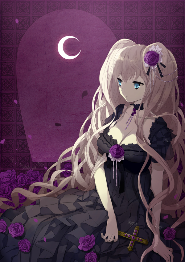 black_dress, blonde_hair, breasts, choker, cleavage, crescent_moon, cross, dress