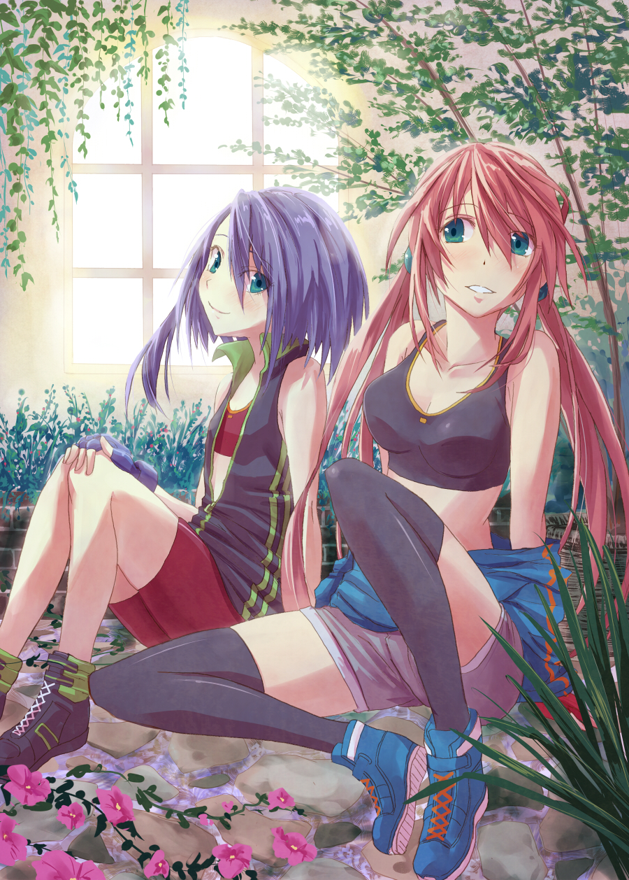bare_shoulders, bike_shorts, black_legwear, blue_eyes, blue_hair, blush, breasts, cleavage