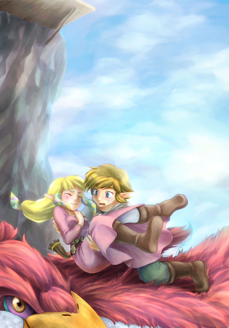 blonde_hair, blue_eyes, carrying, chikuwa_(rinka), link, loftwing, long_hair, nintendo