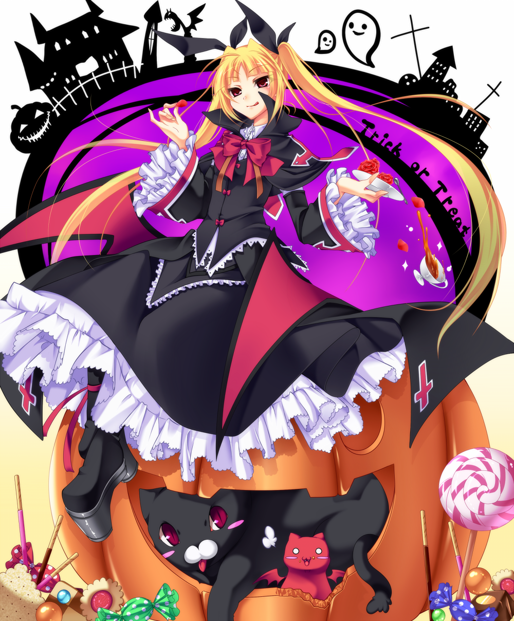 :q, blazblue, blonde_hair, boots, bow, candy, cat, cookie
