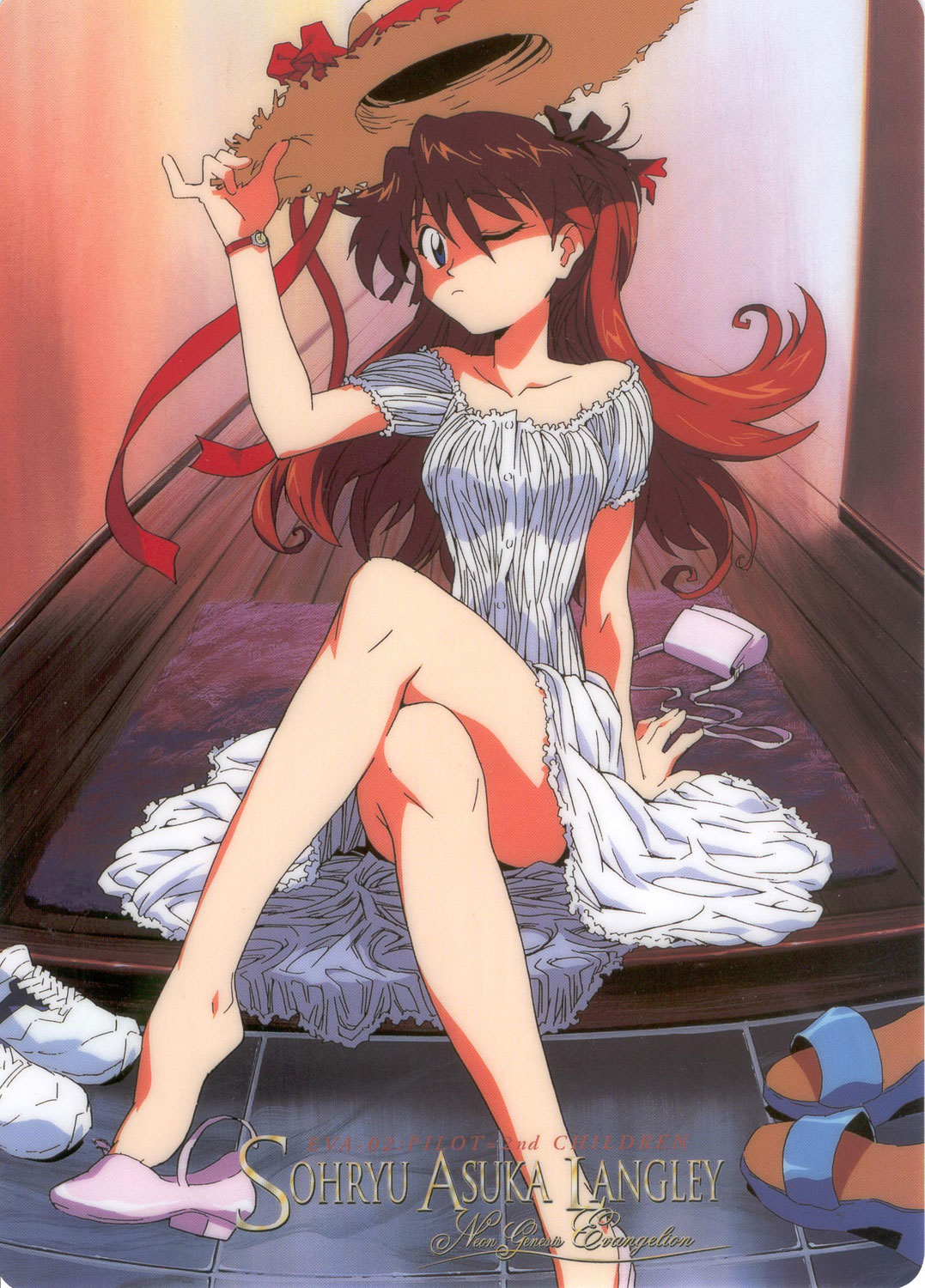 bag, blue_eyes, crossed_legs, dress, hat, highres, legs, long_hair