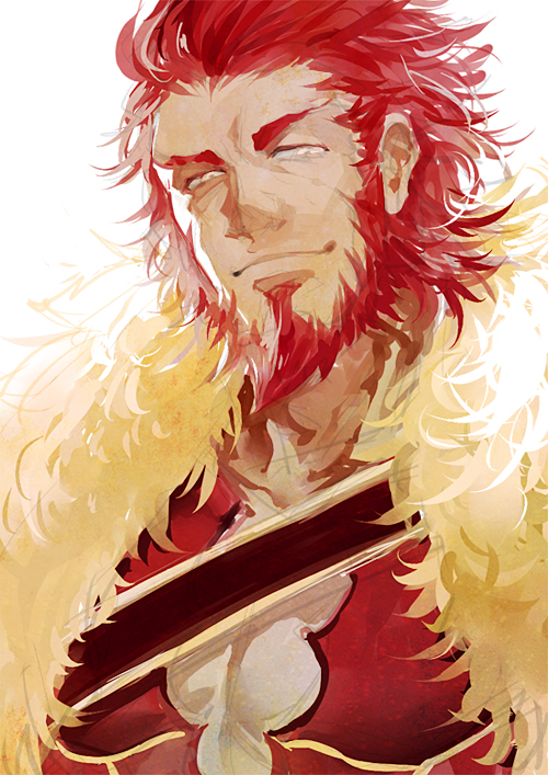 armor, beard, cape, facial_hair, fate/stay_night, fate/zero, fate_(series), male, manly, nod6125, red_eyes, red_hair, redhead, rider_(fate/zero), smile, solo