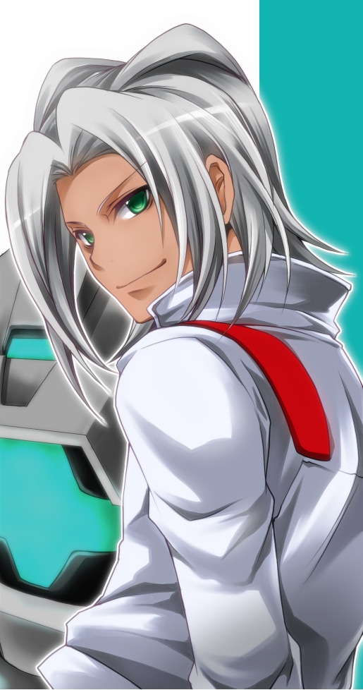 dark_skin, genoace_custom, green_eyes, green_hair, grey_hair, gundam, gundam_age, jacket