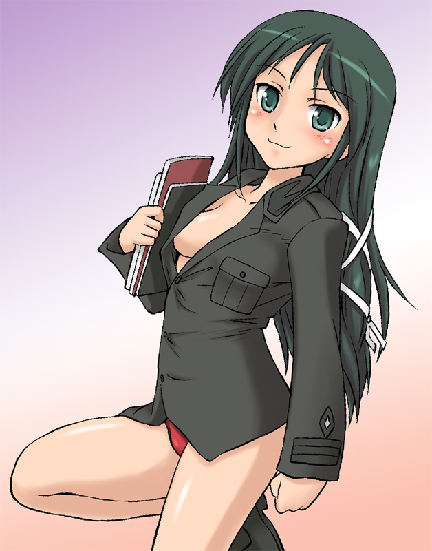 black_hair, black_shirt, blush, book, breasts, dress_shirt, francesca_lucchini, hair_ribbon