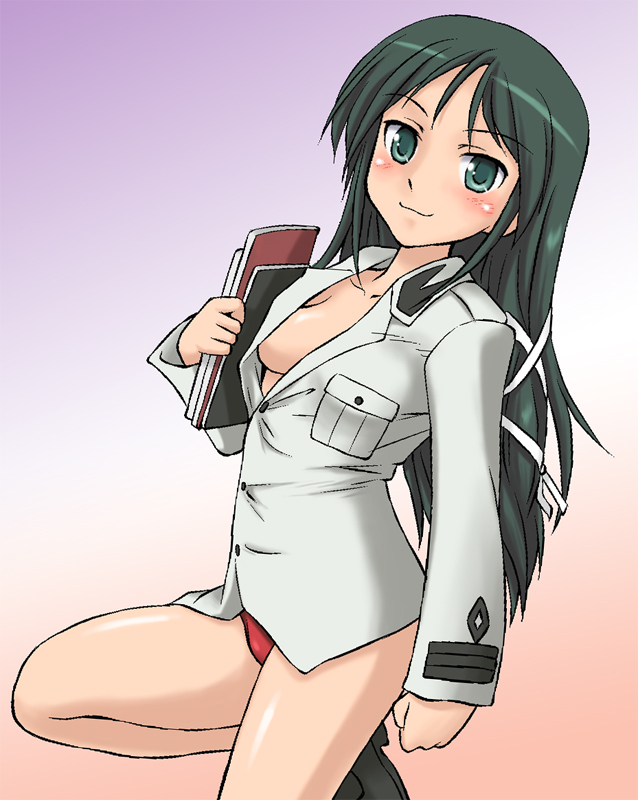 black_hair, blush, book, breasts, dress_shirt, francesca_lucchini, hair_ribbon, long_hair