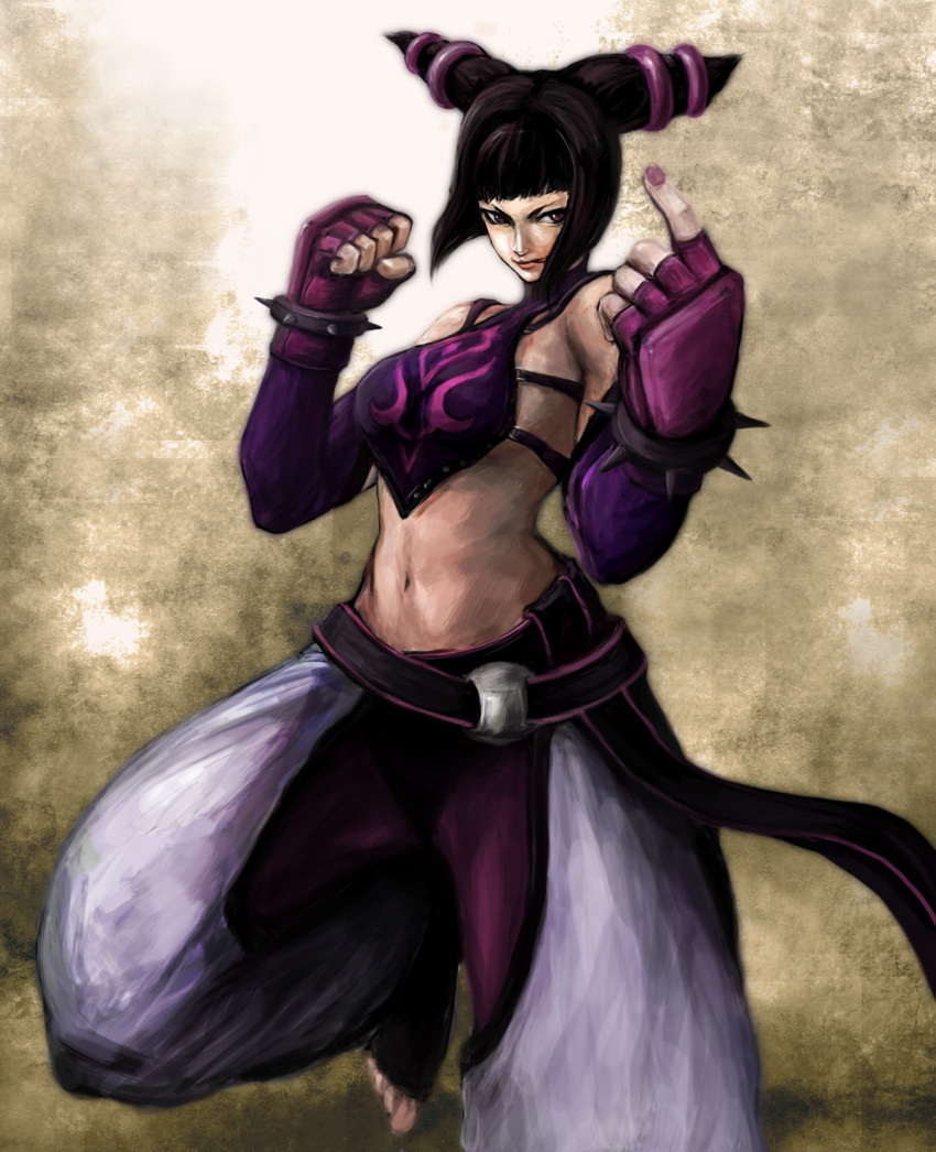 bare_shoulders, beckon, beckoning, belt, black_hair, chaps, elbow_gloves, fingerless_gloves