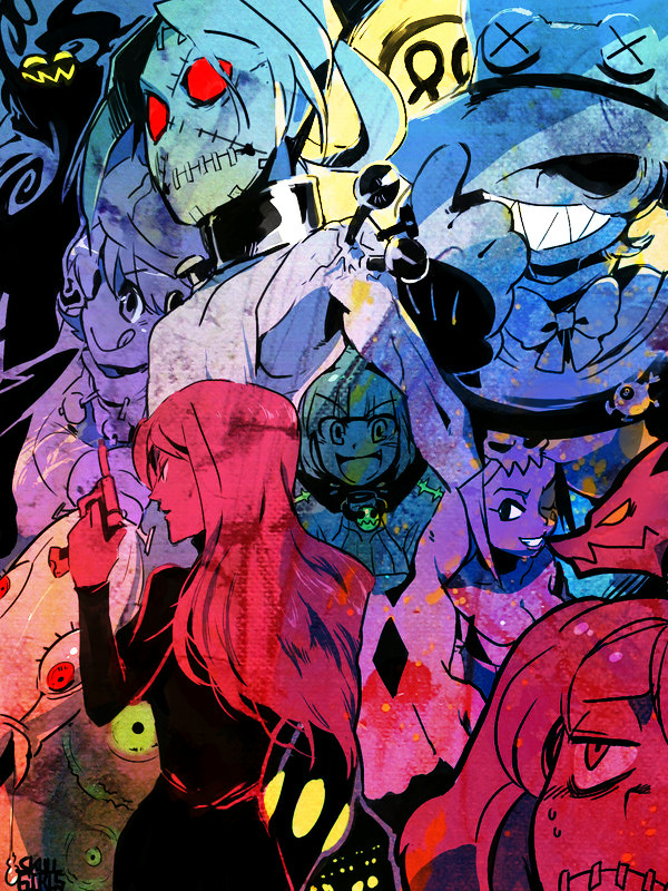 :d, :q, artist_request, bow, cerebella_(skullgirls), collage, everyone, evil_smile