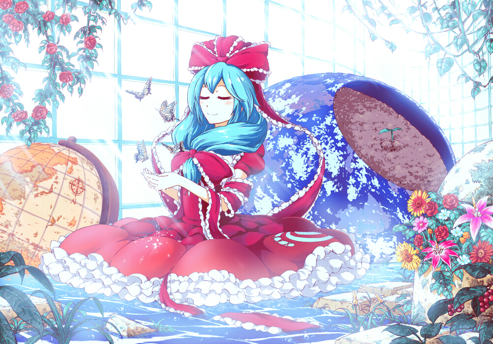 bow, butterfly, closed_eyes, dress, eyes_closed, flower, frills, front_ponytail