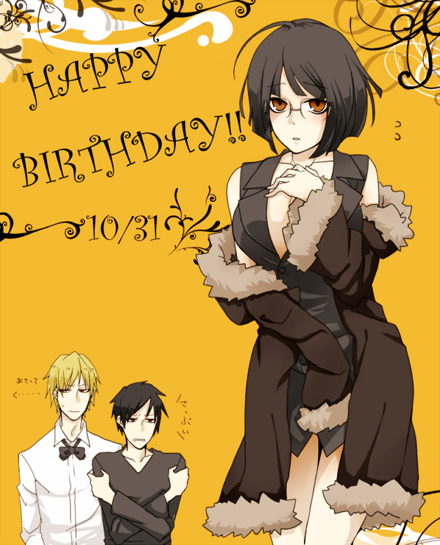 2boys, amau, amau_(artist), bare_shoulders, black_hair, blonde_hair, bob_cut, breasts