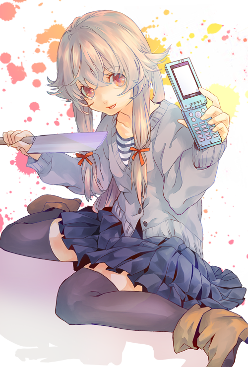 cleaver, gasai_yuno, hair_tubes, knife, long_hair, mirai_nikki, phone, pink_eyes