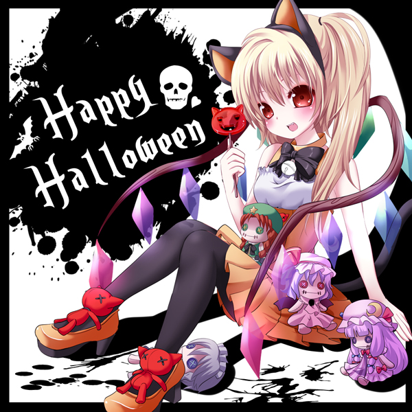 akira_b, alternate_costume, animal_ears, arm_support, bare_shoulders, black_legwear, blonde_hair, blush