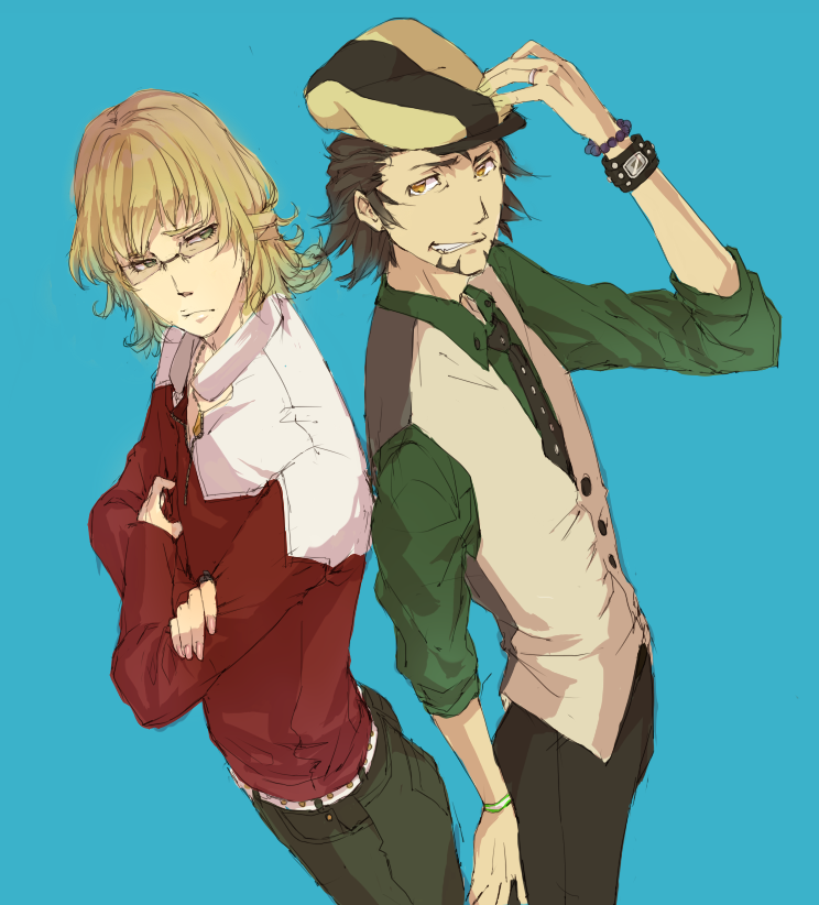 barnaby_brooks_jr, belt, blonde_hair, bracelet, brown_eyes, brown_hair, cabbie_hat, crossed_arms