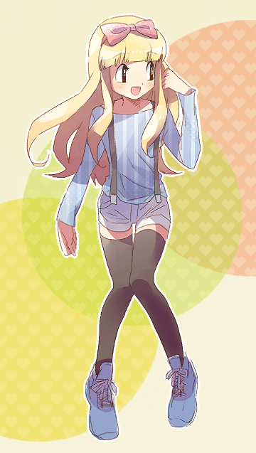 1boy, black_legwear, black_thighhighs, blonde_hair, bow, brown_eyes, casual, child
