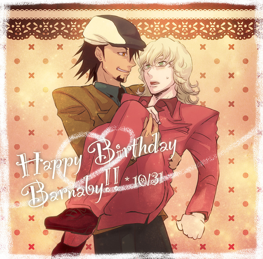 bad_id, barnaby_brooks_jr, birthday, blonde_hair, brown_eyes, brown_hair, cabbie_hat, carrying