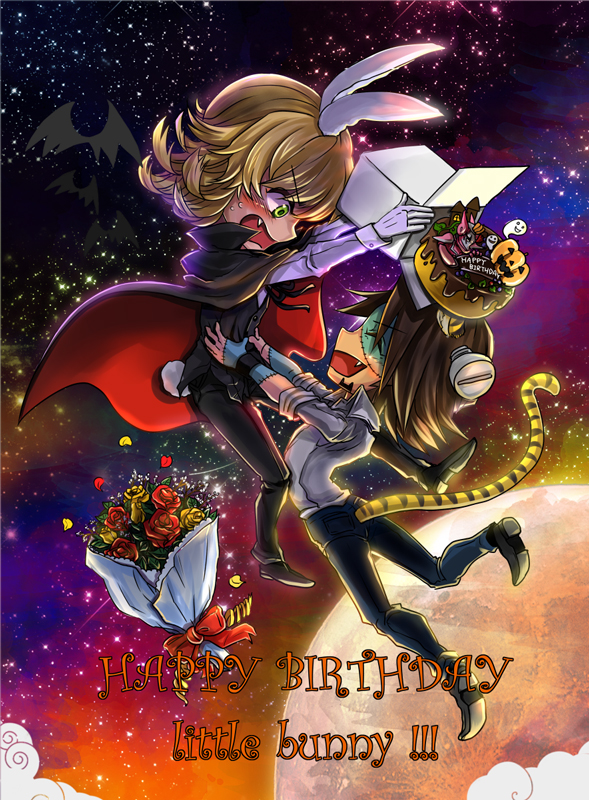 2boys, animal_ears, barnaby_brooks_jr, birthday, blonde_hair, blush, bouquet, brown_eyes