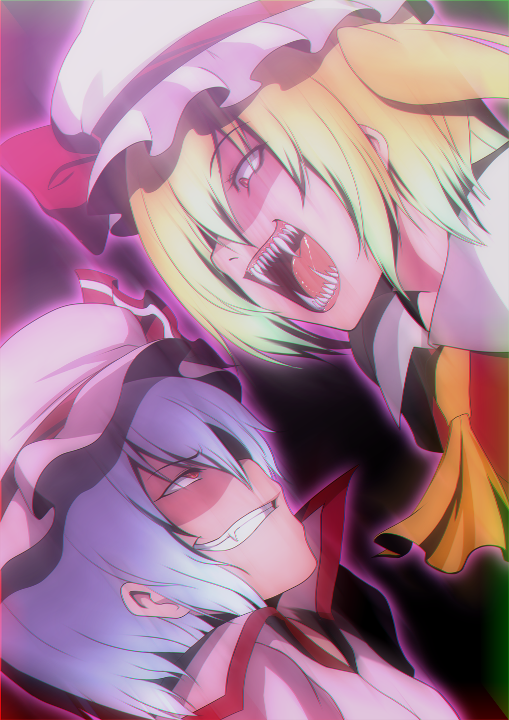 ascot, blonde_hair, blue_hair, dress, fang, flandre_scarlet, grin, hat