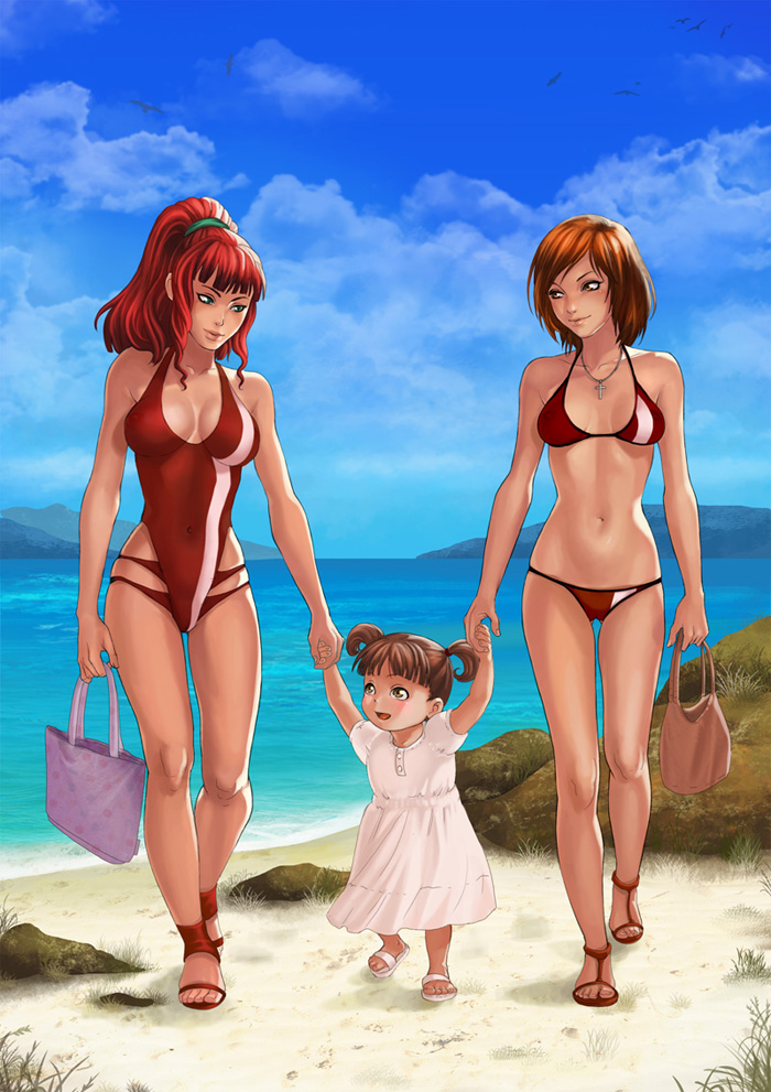artist_request, beach, bikini, breasts, brown_hair, child, cleavage, clothed_navel