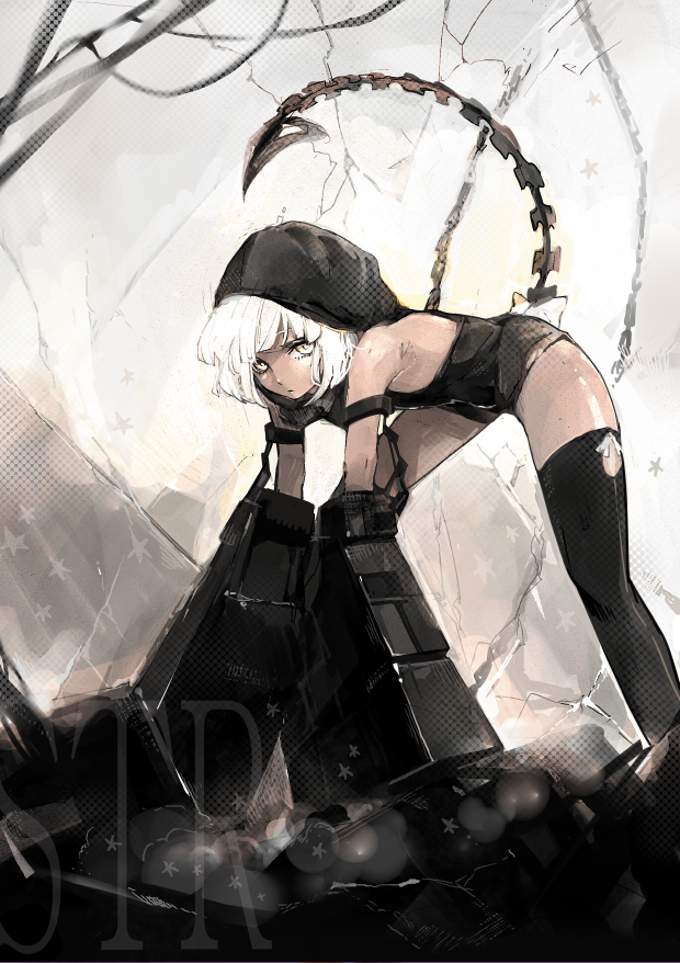 black_legwear, black_rock_shooter, fishine, hood, hoodie, looking_at_viewer, mechanical_arm, solo