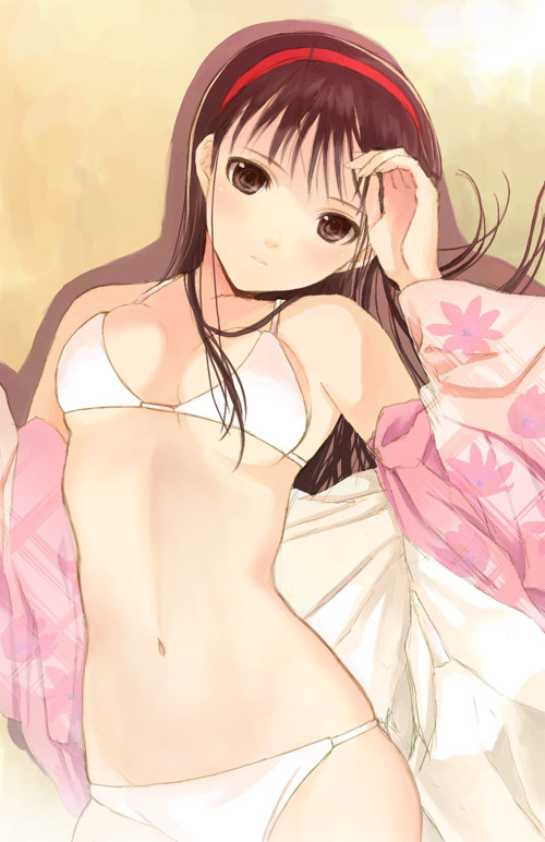 amagi_yukiko, bikini, black_hair, breasts, brown_eyes, hairband, hijiri_ruka, japanese_clothes