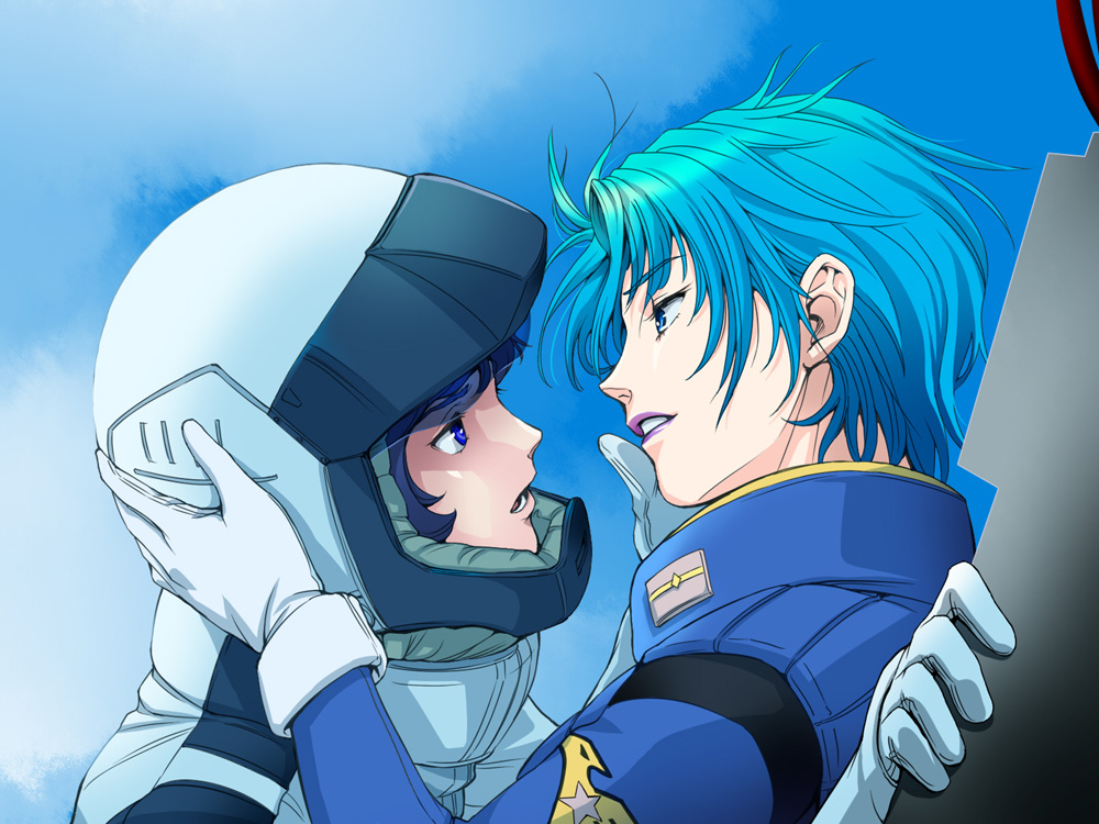 1girl, blue, blue_eyes, blue_hair, bust, cockpit, couple, eye_contact, four_murasame, gloves, gundam, helmet, incipient_kiss, kamille_bidan, kiss, lipstick, looking_at_another, makeup, mots, open_mouth, pilot, pilot_suit, portrait, profile, purple_lipstick, short_hair, sky, white_gloves, zeta_gundam