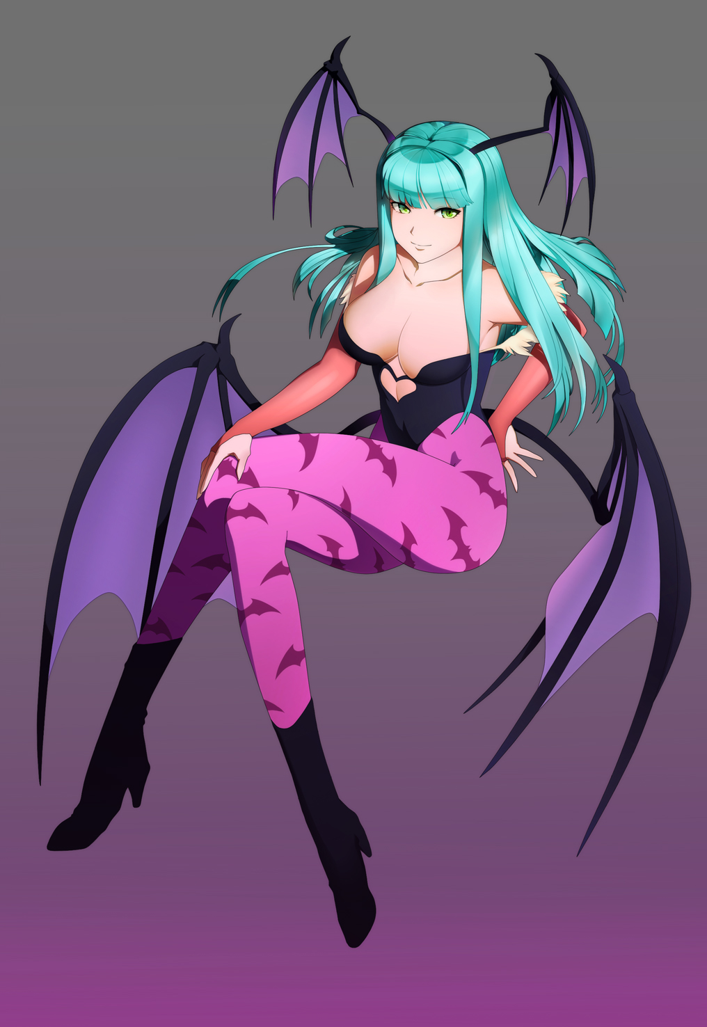 aqua_hair, bad_id, bare_shoulders, bat_print, bat_wings, boots, breasts, cleavage