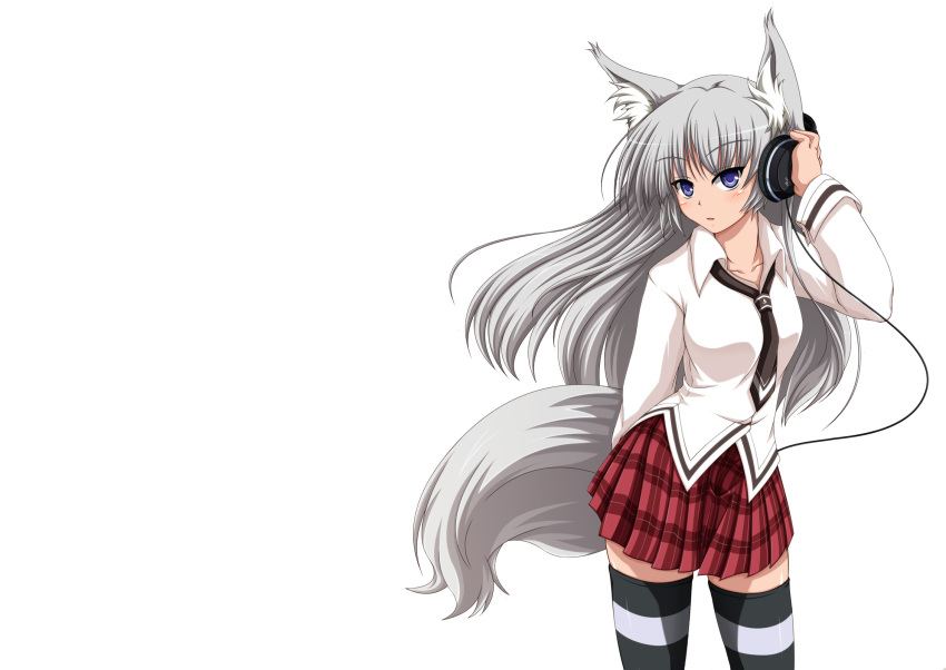 animal_ears, blush, foxgirl, grey_hair, headphones, necktie, original, purple_eyes