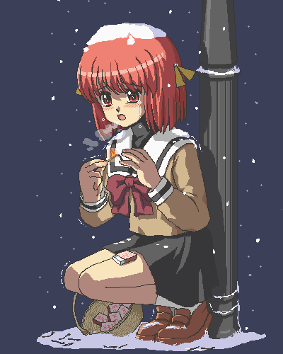 cold, commentary, kasuga39, little_match_girl, makihara_yukiko, match, match_box, oekaki, shiver, snow, tears, tokimeki_memorial, tokimeki_memorial_3