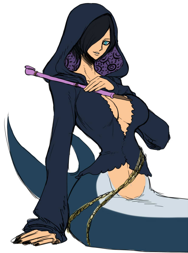 black_hair, blue_eyes, breasts, cleavage, hair_over_one_eye, hoodie, kiseru, large_breasts