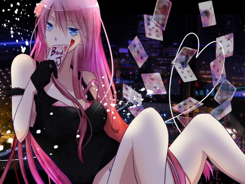 blackjack_(vocaloid), blue_eyes, card, cards, floating_card, flower, gloves, hair_flower, hair_ornament, hanagerian, holding, holding_card, long_hair, megurine_luka, pink_hair, playing_card, solo, tank_top, very_long_hair, vocaloid