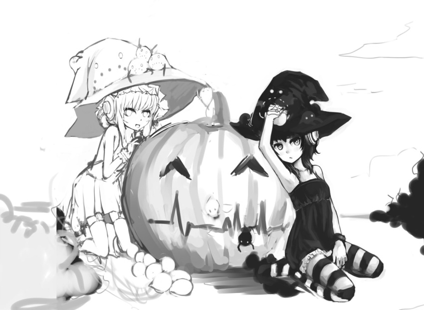 armpits, black_hair, camisole, collaboration, creature, dual_persona, garter_straps, halloween, hat, headphones, hikari_shoujo, jack-o'-lantern, kneeling, monochrome, multiple_girls, no_shoes, original, pan!ies, pas_(paxiti), pumpkin, striped, striped_legwear, thigh-highs, thighhighs, witch_hat, work_in_progress, yami_shoujo